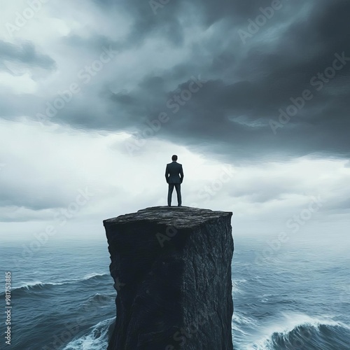 Frontal view of a businessman standing at the edge of a high cliff