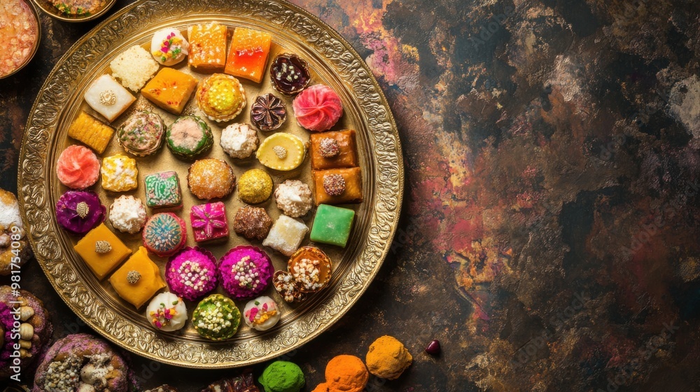 Fototapeta premium A top view of a luxurious spread of colorful Diwali sweets arranged elegantly on a golden plate with a rich textured background