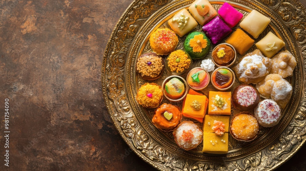 A top view of a luxurious spread of colorful Diwali sweets arranged elegantly on a golden plate with a rich textured background A top view of a luxurious spread of colorful Diwali sweets arranged elegantly on a golden plate with a rich textured background