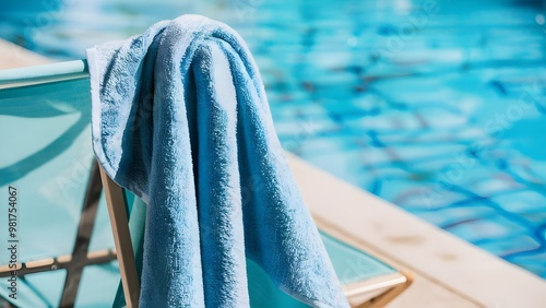 Light Blue Towel Hanging on Deck Chair by Pool