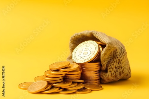 A collection of shiny bitcoin coins spilling out of a burlap sack on a bright yellow background, symbolizing wealth, cryptocurrency, and digital investment opportunities. photo