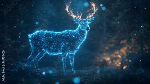 A stunning digital art depiction of a glowing deer illuminated by sparkling particles in a mystical forest setting.