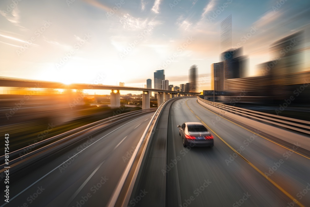 Car speeds on elevated highway, golden sunset highlighting urban motion blur scene Car speeds on elevated highway, golden sunset highlighting urban motion blur scene