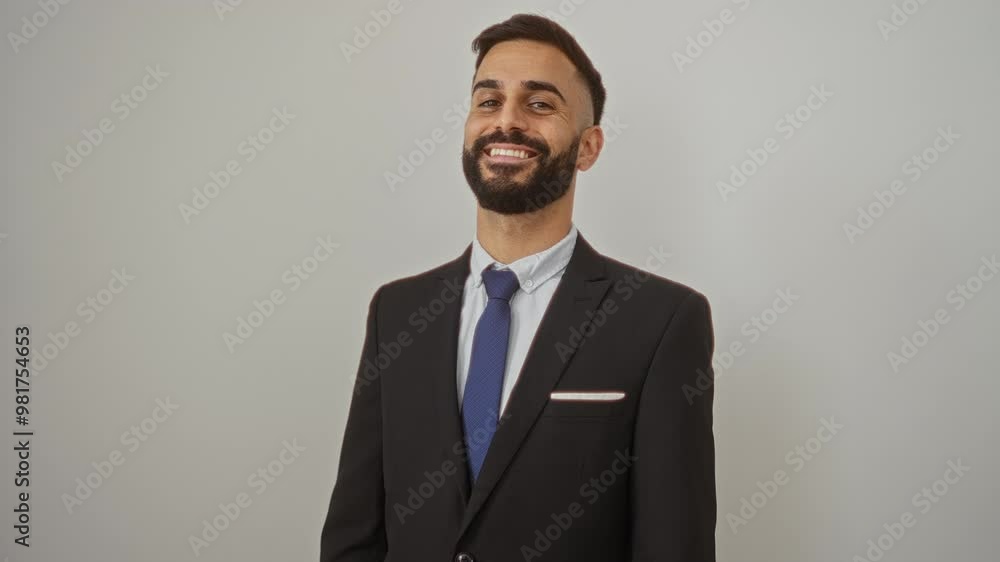 Hispanic man wearing suit and tie stands against isolated white background in various poses including smiling and covering face Hispanic man wearing suit and tie stands against isolated white background in various poses including smiling and covering face