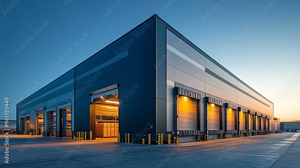Obraz premium Modern Warehouse Building with Multiple Loading Docks at Dusk