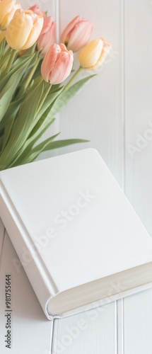 A white book with a pink and yellow tulip on the cover