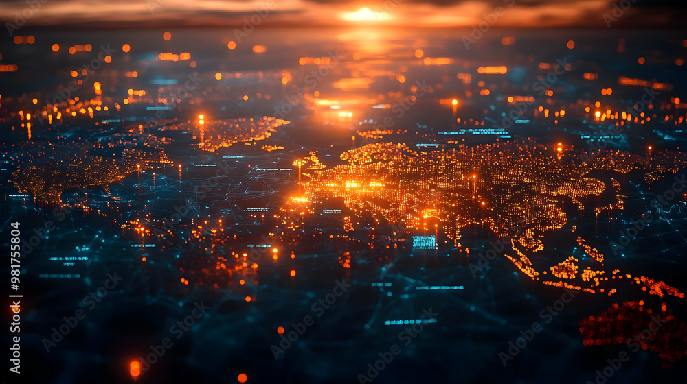 Aerial view of a vibrant city skyline illuminated during sunset, showcasing beautiful lights and a shimmering water reflection. Aerial view of a vibrant city skyline illuminated during sunset, showcasing beautiful lights and a shimmering water reflection.