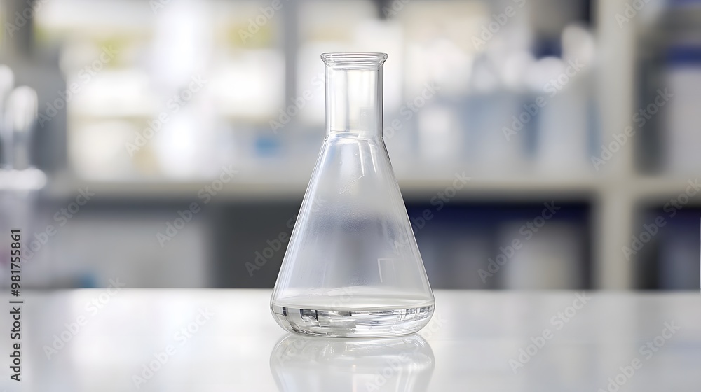 Close-up of glass beaker with clear liquid and floating indicator showing high lead levels, set on white countertop with copy space for text or design Close-up of glass beaker with clear liquid and floating indicator showing high lead levels, set on white countertop with copy space for text or design