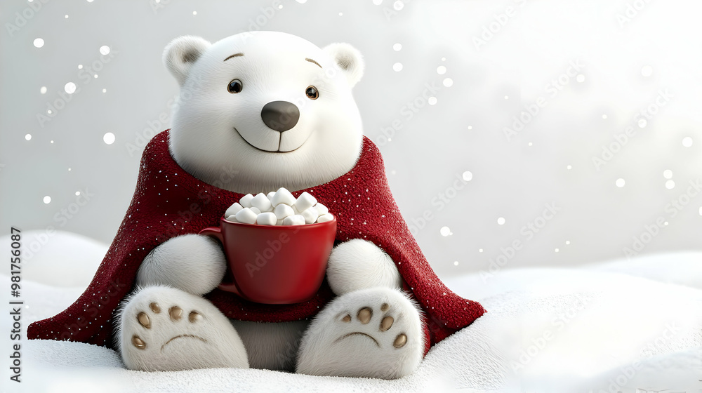 A cute polar bear in a red blanket, holding a cup of marshmallows, surrounded by snow. Perfect for winter and holiday themes. A cute polar bear in a red blanket, holding a cup of marshmallows, surrounded by snow. Perfect for winter and holiday themes.