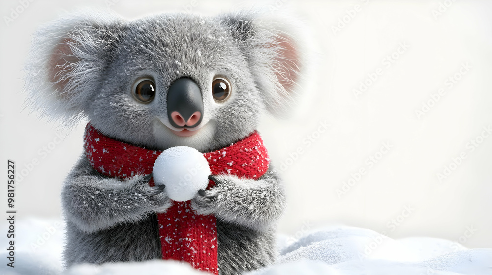 A cute koala wearing a red scarf and holding a snowball, surrounded by snow, perfect for winter-themed illustrations. A cute koala wearing a red scarf and holding a snowball, surrounded by snow, perfect for winter-themed illustrations.