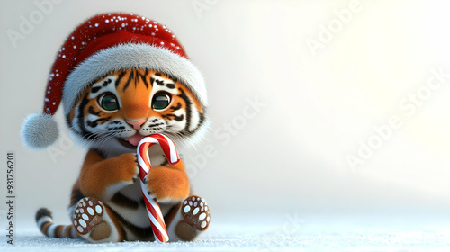 Adorable tiger cub wearing a Santa hat, holding a candy cane, perfect for holiday themes and festive decorations. photo