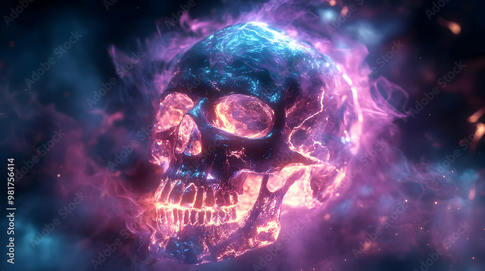 A vibrant, glowing skull surrounded by colorful cosmic flames, representing life, death, and the mysteries of the universe. A vibrant, glowing skull surrounded by colorful cosmic flames, representing life, death, and the mysteries of the universe.