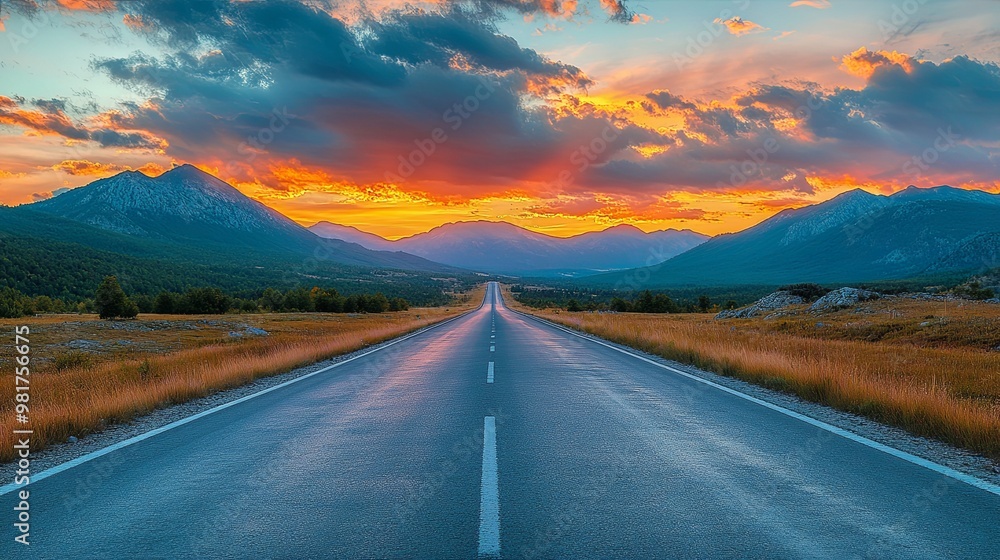 Naklejka premium A Winding Road Through Majestic Mountains at Sunset