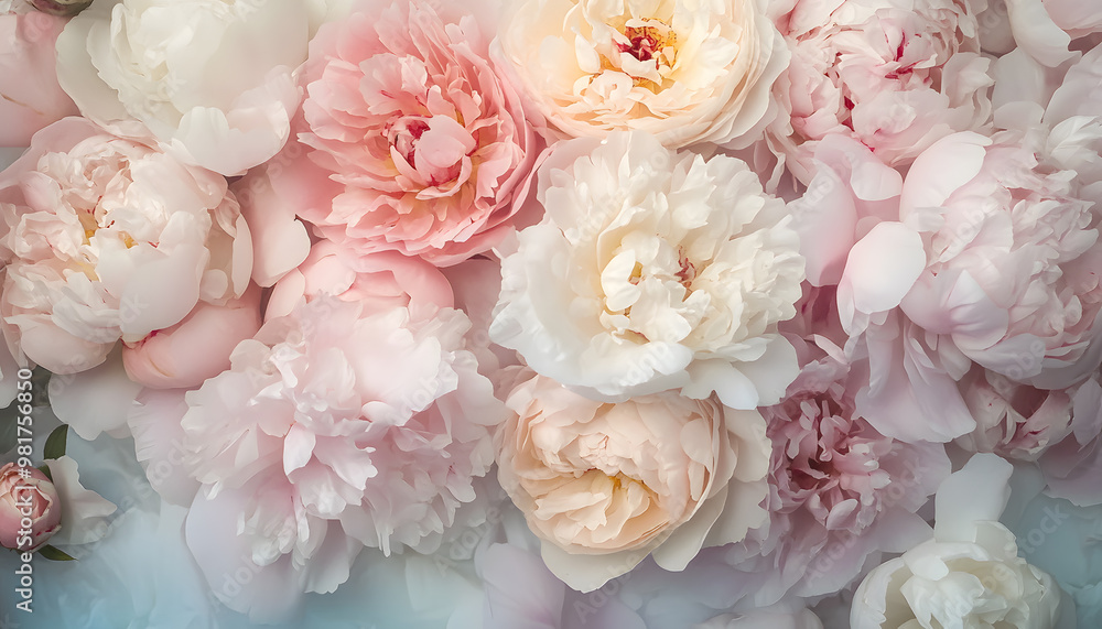 Soft, blooming peonies and roses in pastel shades, adding a delicate and feminine touch Soft, blooming peonies and roses in pastel shades, adding a delicate and feminine touch
