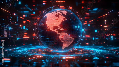 Futuristic digital globe with vibrant red and blue data streams, representing global connectivity and advanced technology.