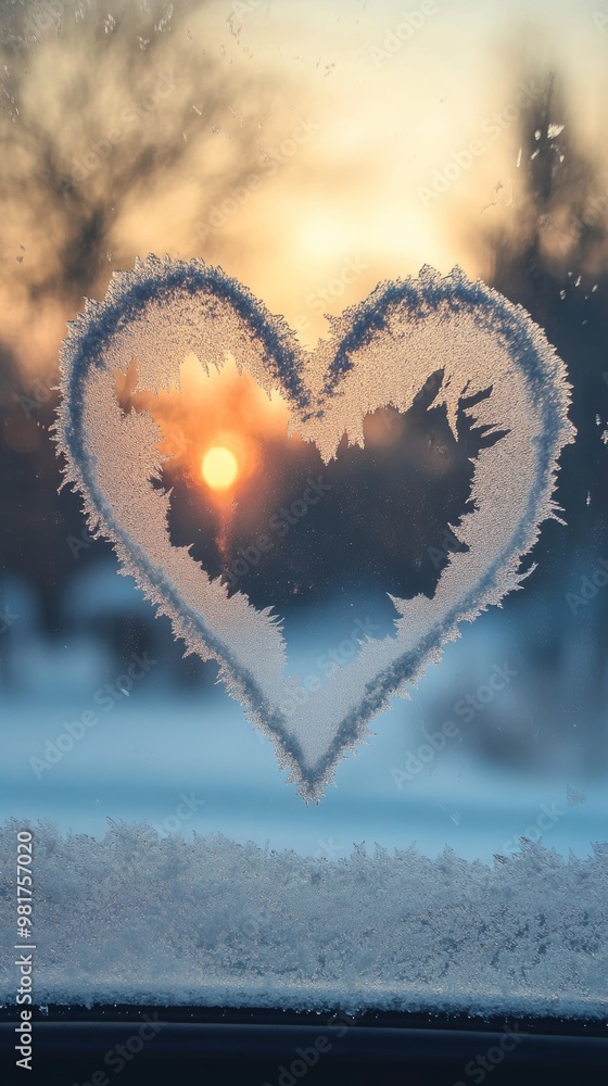 Fototapeta premium Frosty heart shape on window at sunrise