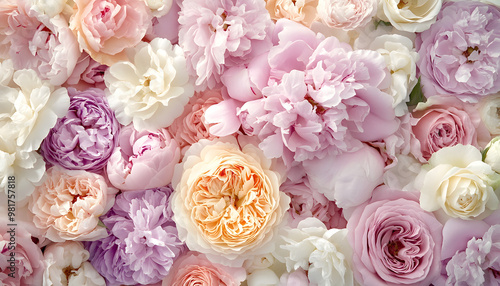 Soft, blooming peonies and roses in pastel shades, adding a delicate and feminine touch