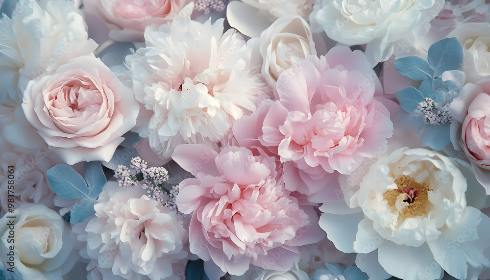 Soft, blooming peonies and roses in pastel shades, adding a delicate and feminine touch Soft, blooming peonies and roses in pastel shades, adding a delicate and feminine touch