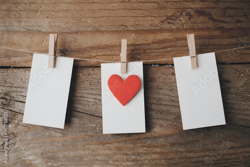 Heart pinned between white cards on a rustic wooden surface photo