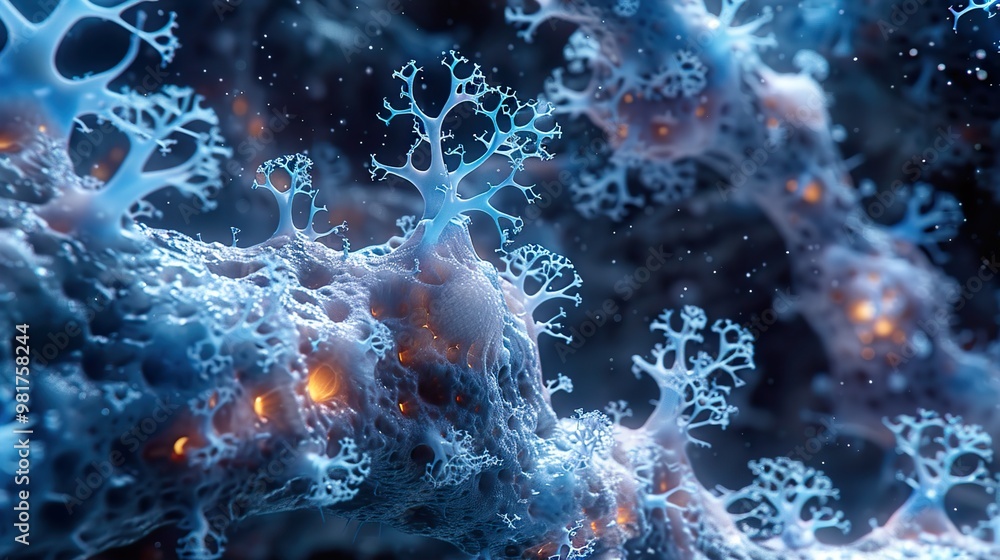 Abstract Fractal Structure: Glowing Blue Cells in Deep Space Abstract Fractal Structure: Glowing Blue Cells in Deep Space