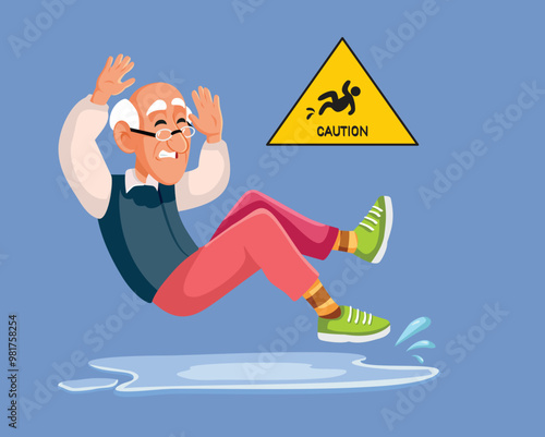 Caution Wet Floor Sign Ignored by Senior Citizen Vector Cartoon. Elderly man losing his balance slipping on a wet surface 
