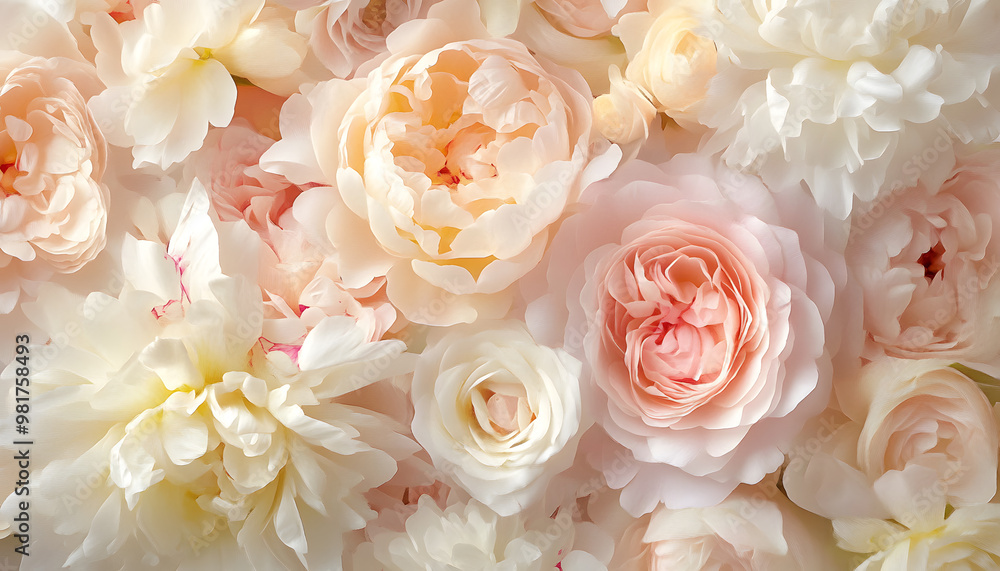 Soft, blooming peonies and roses in pastel shades, adding a delicate and feminine touch Soft, blooming peonies and roses in pastel shades, adding a delicate and feminine touch