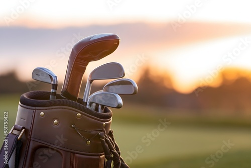 Set of golf clubs against a sunrise lit course, evoking calm