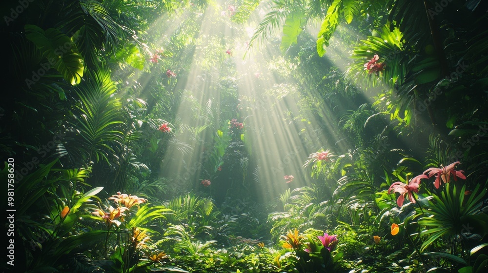 Obraz premium Sunbeams Filtering Through Dense Tropical Rainforest Canopy
