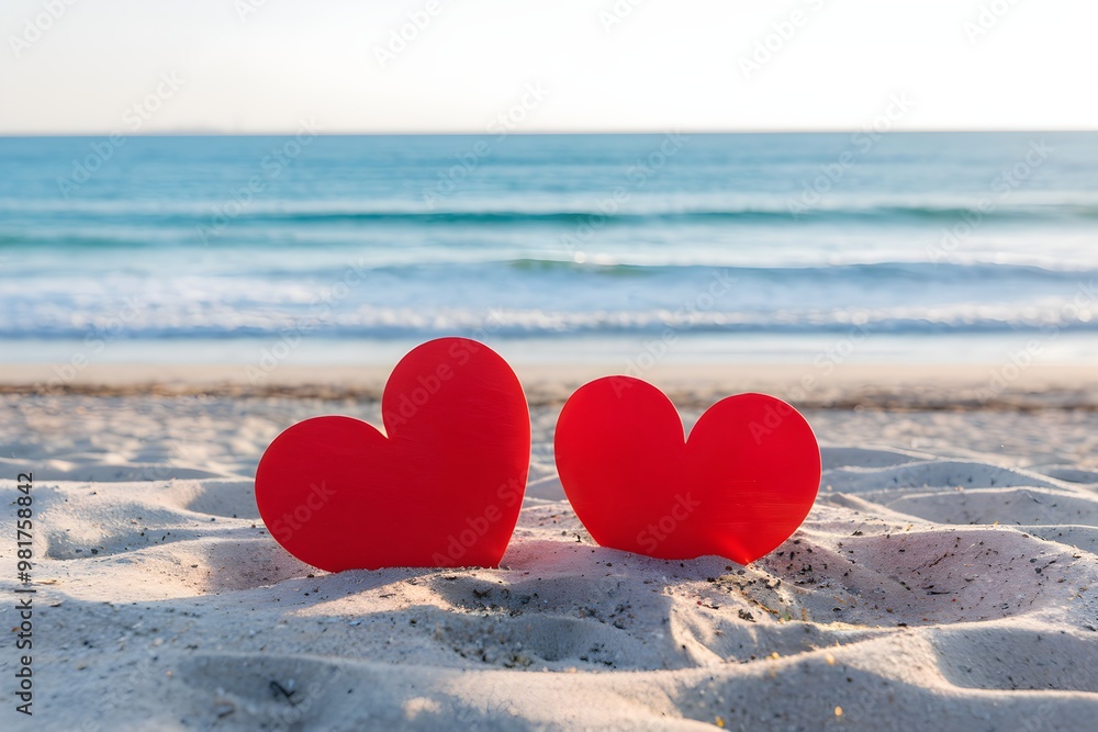 Fototapeta premium Two red hearts on sandy beach with azure ocean in the background