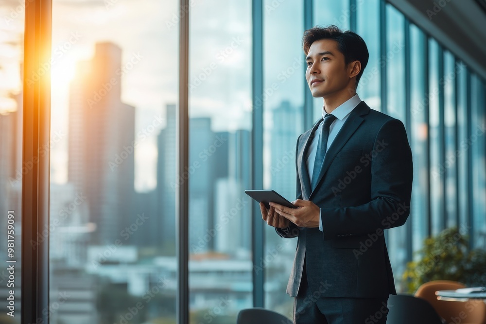 Asian businessman with tablet overlooking cityscape in modern office Asian businessman with tablet overlooking cityscape in modern office
