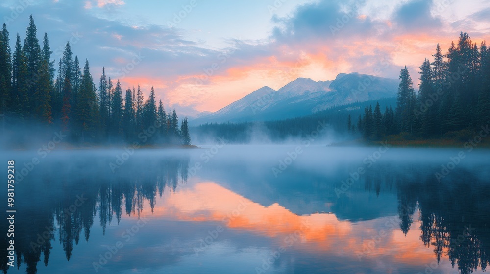 Serene Mountain Lake with Fog and Colorful Sky Reflection Serene Mountain Lake with Fog and Colorful Sky Reflection