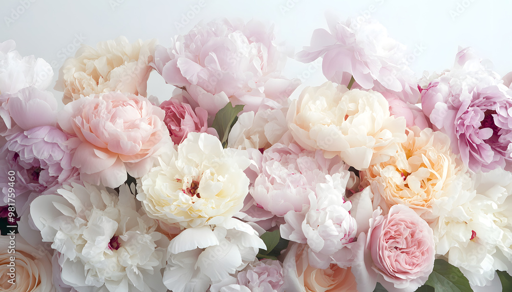 Soft, blooming peonies and roses in pastel shades, adding a delicate and feminine touch Soft, blooming peonies and roses in pastel shades, adding a delicate and feminine touch