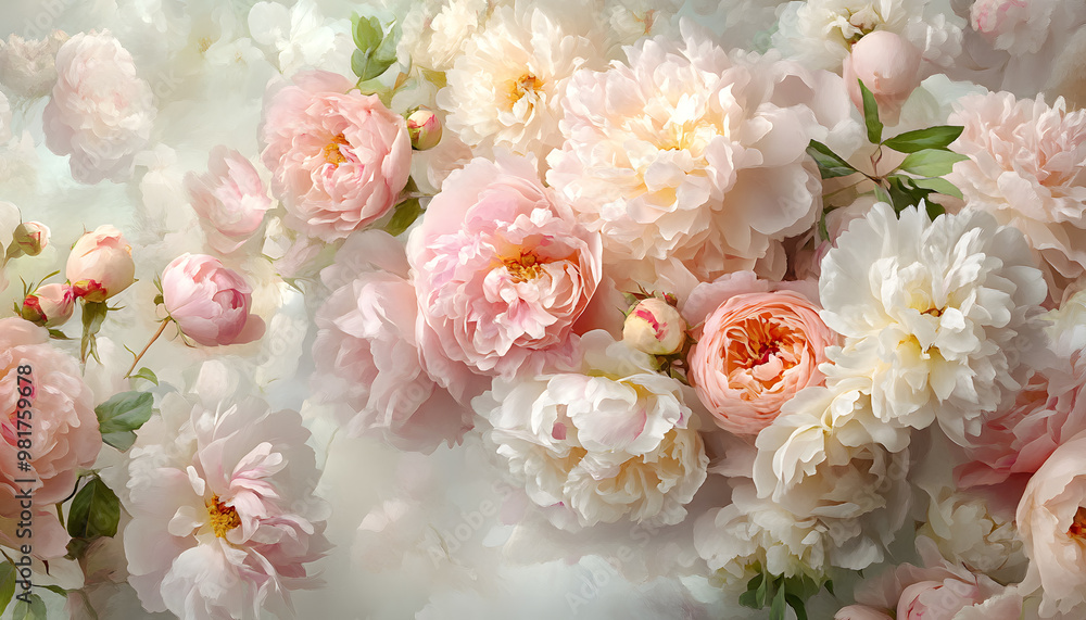 Soft, blooming peonies and roses in pastel shades, adding a delicate and feminine touch Soft, blooming peonies and roses in pastel shades, adding a delicate and feminine touch