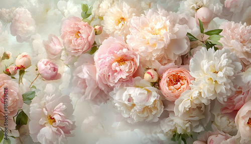 Soft, blooming peonies and roses in pastel shades, adding a delicate and feminine touch