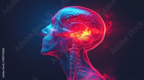 A vivid illustration of a human skull and brain, highlighting neurological activity.