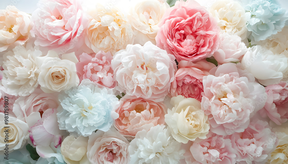 Soft, blooming peonies and roses in pastel shades, adding a delicate and feminine touch Soft, blooming peonies and roses in pastel shades, adding a delicate and feminine touch