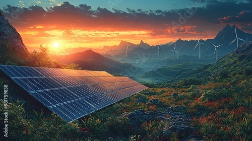 Show a peaceful vector scene of solar panels soaking up sunlight in a valley, with wind turbines turning in the distance photo