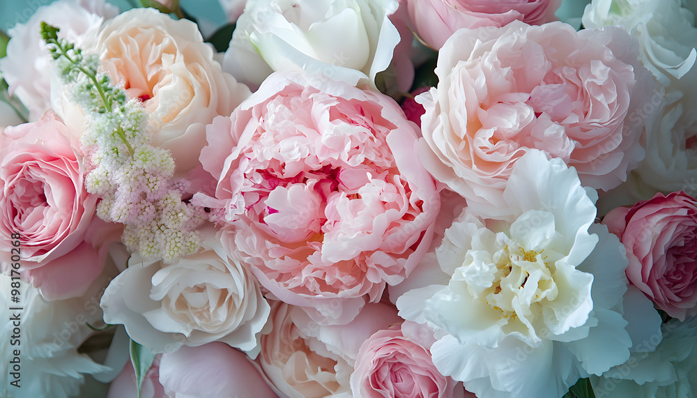 Soft, blooming peonies and roses in pastel shades, adding a delicate and feminine touch Soft, blooming peonies and roses in pastel shades, adding a delicate and feminine touch