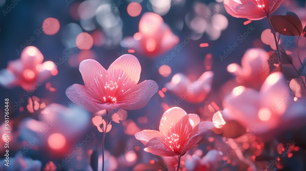 A dreamy scene of glowing flowers in soft pink and blue hues, creating a serene atmosphere. A dreamy scene of glowing flowers in soft pink and blue hues, creating a serene atmosphere.