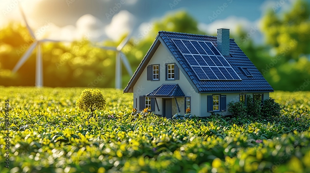 Show a vector image of solar panels on a futuristic house and wind turbines providing additional energy in the background