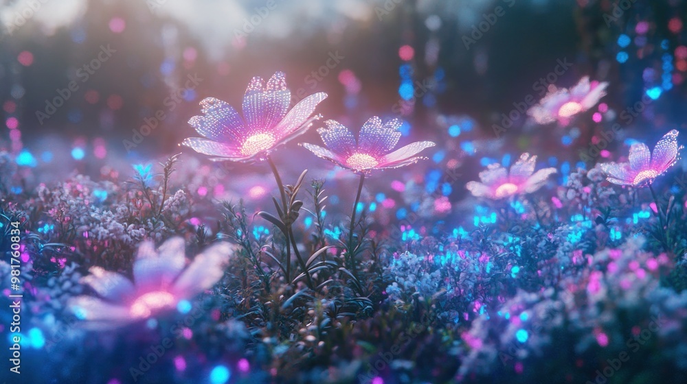 A vibrant field of glowing flowers surrounded by colorful lights and a dreamy atmosphere. A vibrant field of glowing flowers surrounded by colorful lights and a dreamy atmosphere.