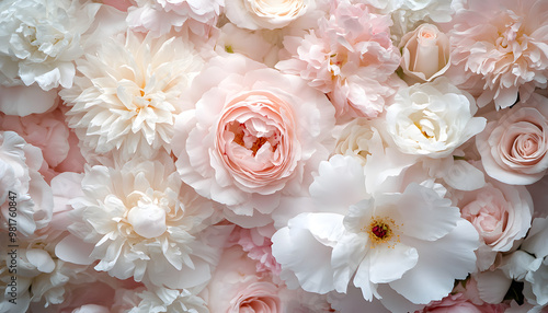 Soft, blooming peonies and roses in pastel shades, adding a delicate and feminine touch