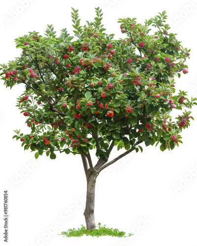 A vibrant, leafy tree with red berries