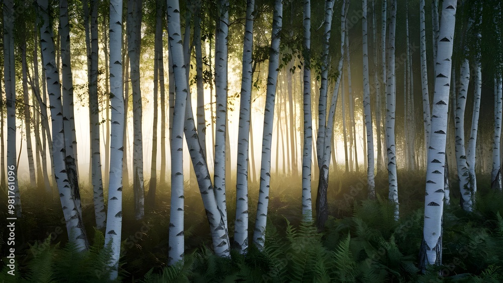 Naklejka premium Silver birch tree grove with soft morning light
