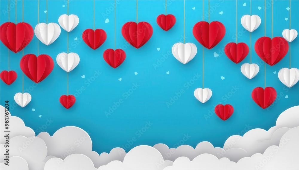 Floating Red and White Heart Shaped on Blue Sky Background with Clouds Floating Red and White Heart Shaped on Blue Sky Background with Clouds