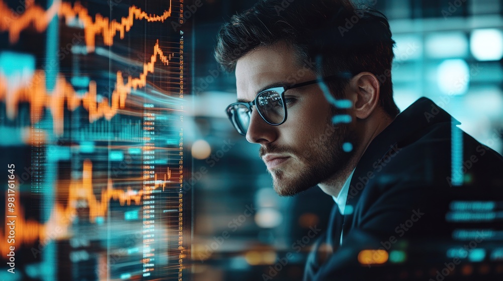 A focused individual analyzing financial data on a digital interface. A focused individual analyzing financial data on a digital interface.