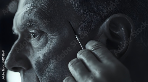 A close-up of a doctor’s hand holding a syringe near a patient’s face, highlighting medical care procedures like injections or cosmetic treatments.
 photo