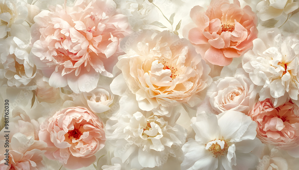 Soft, blooming peonies and roses in pastel shades, adding a delicate and feminine touch Soft, blooming peonies and roses in pastel shades, adding a delicate and feminine touch