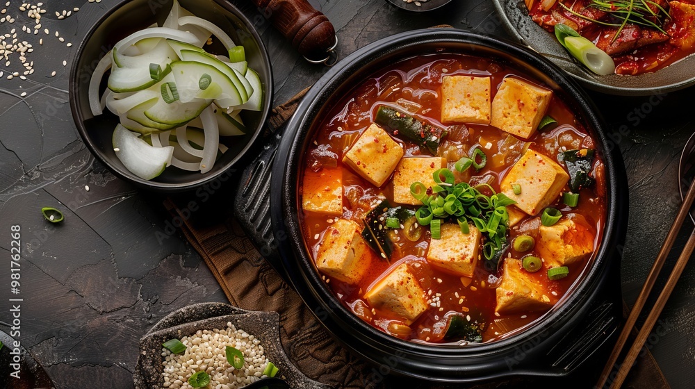 Korean food, soft tofu stew on bowl Korean food, soft tofu stew on bowl