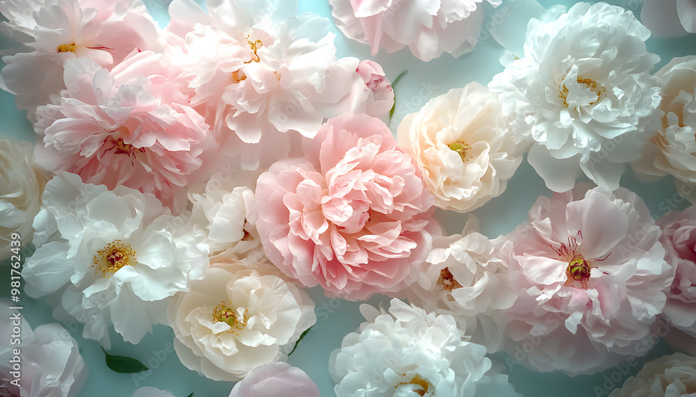 Soft, blooming peonies and roses in pastel shades, adding a delicate and feminine touch Soft, blooming peonies and roses in pastel shades, adding a delicate and feminine touch